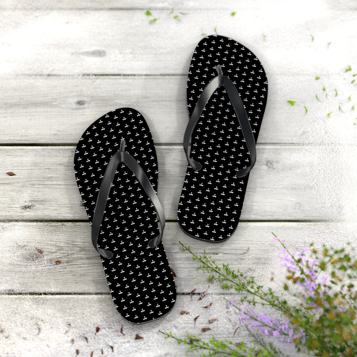 Black Patterned Flip Flops
