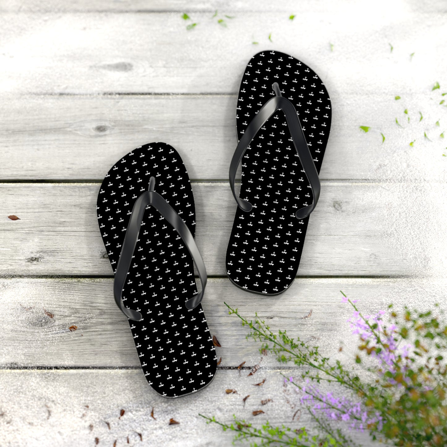 Black Patterned Flip Flops